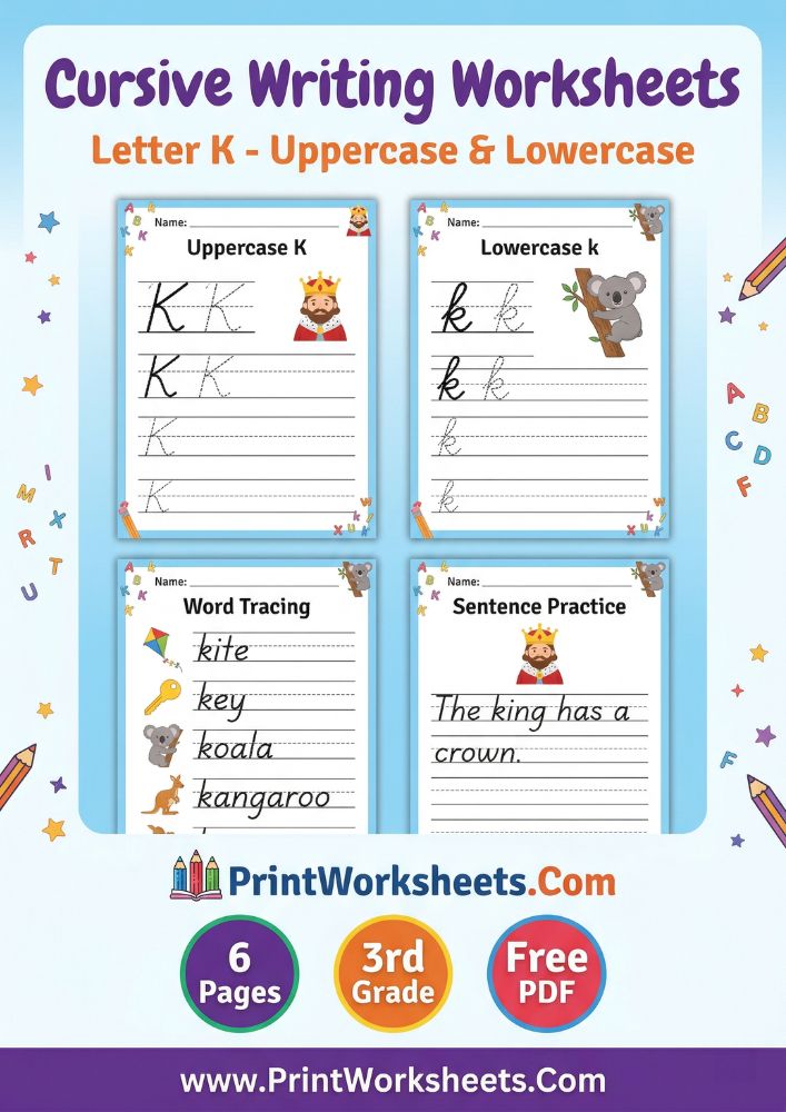 Cursive Writing Worksheet - Cursive Letter K Worksheet Free Printable PDF – Uppercase & Lowercase Practice | Free Printable