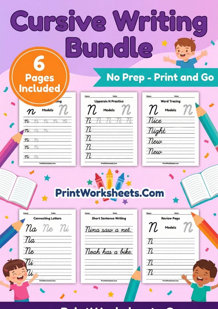 Cursive Writing Worksheet - Cursive Letter N Worksheet – Free Printable Upper & Lowercase PDF | Free Printable