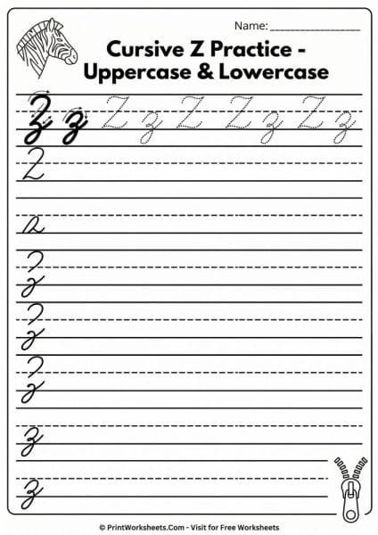 Mixed Cursive Cursive Letter Z Worksheet Free Printable PDF | PrintWorksheets.com