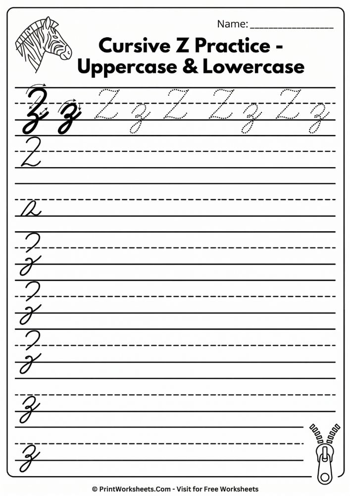 mixed case cursive Z practice sheet