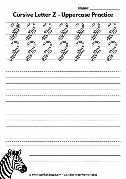 Lowercase Script Z Cursive Letter Z Worksheet Free Printable PDF | PrintWorksheets.com