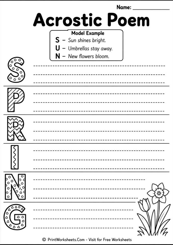 Spring acrostic poem worksheet for grade 4 free printable