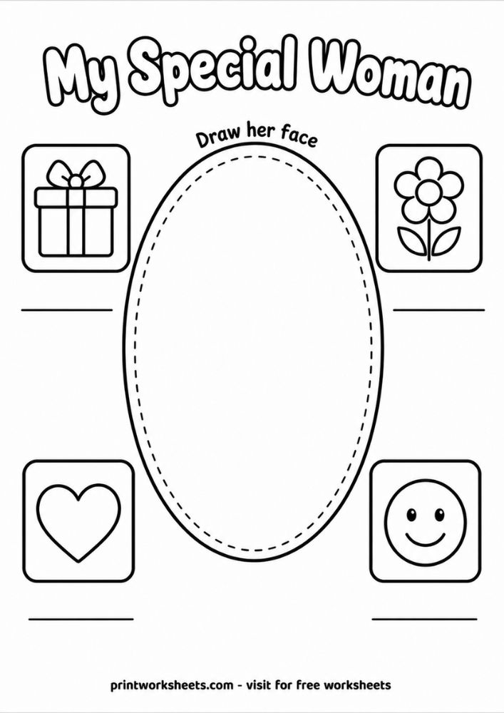 All about my special woman worksheet with picture clue boxes and drawing frame