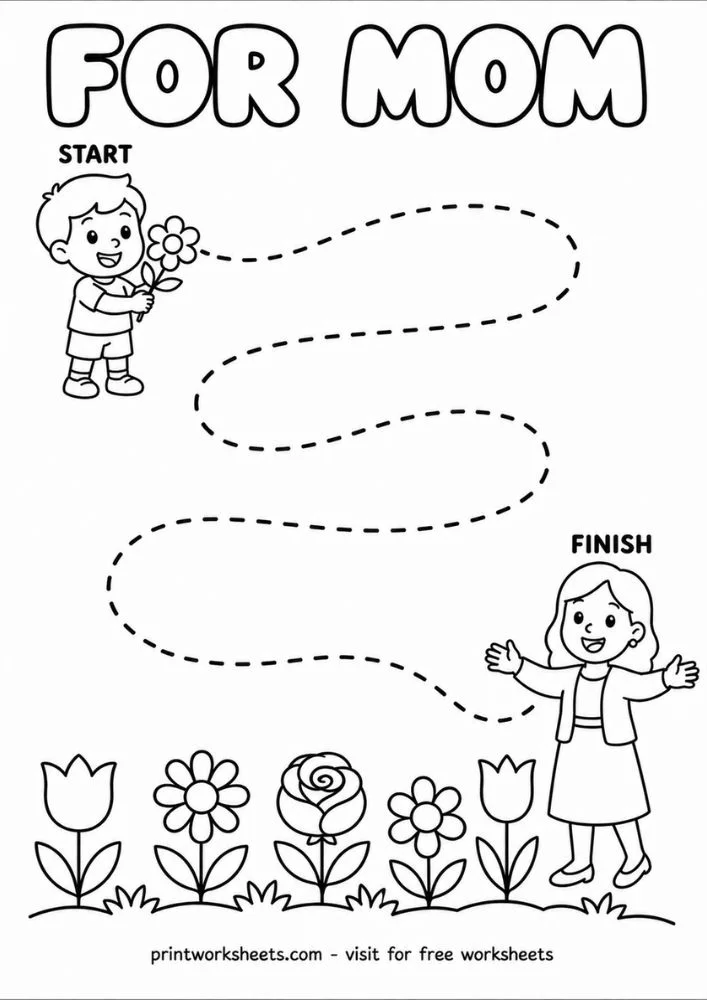 Flower bouquet tracing activity mothers day kindergarten worksheet printable