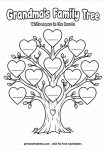 Heart tree worksheet for children to write family names on leafy hearts