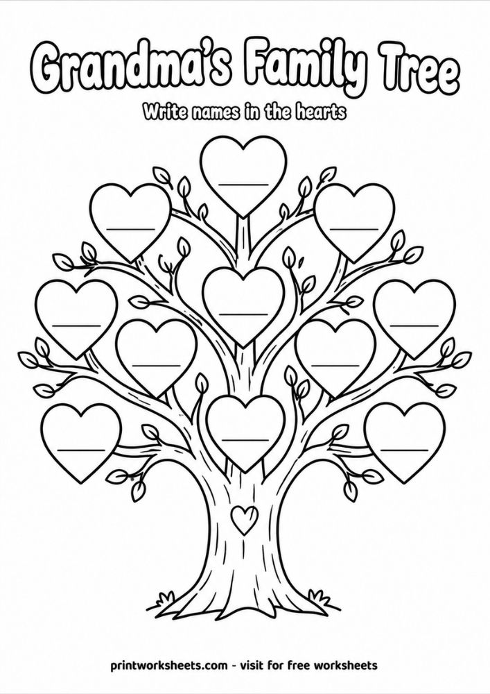Heart tree worksheet for children to write family names on leafy hearts