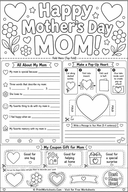 Free Happy Mother’s Day printable worksheet for kids with writing activities, drawing box, and card craft elements
