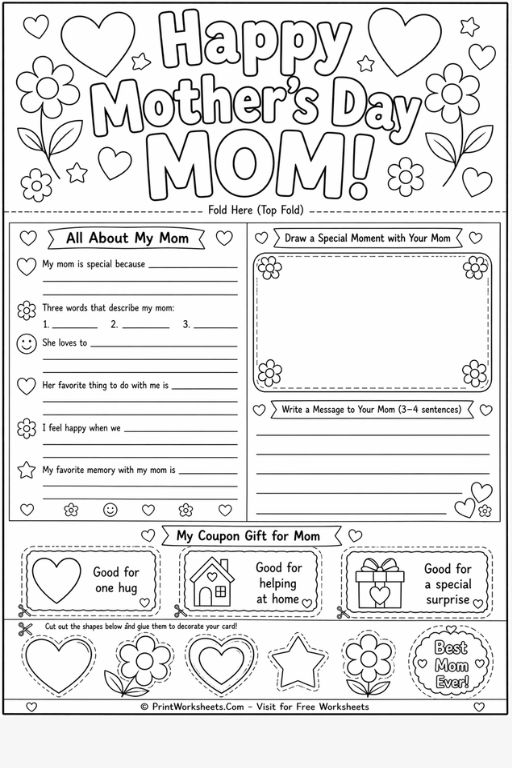 Happy Mother’s Day worksheet printable with writing prompts, drawing section, and coupon craft for kids