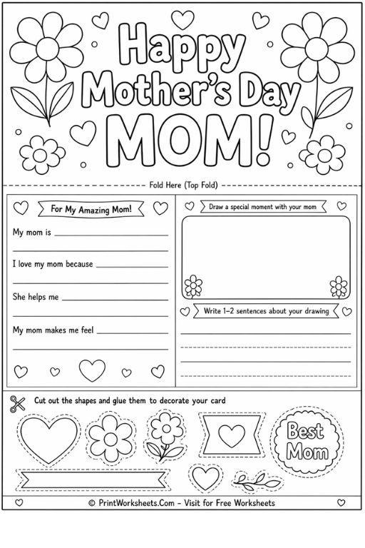 Mother’s Day craft worksheet for kids with pop-up heart card, coloring elements, and cut-and-glue decorations
