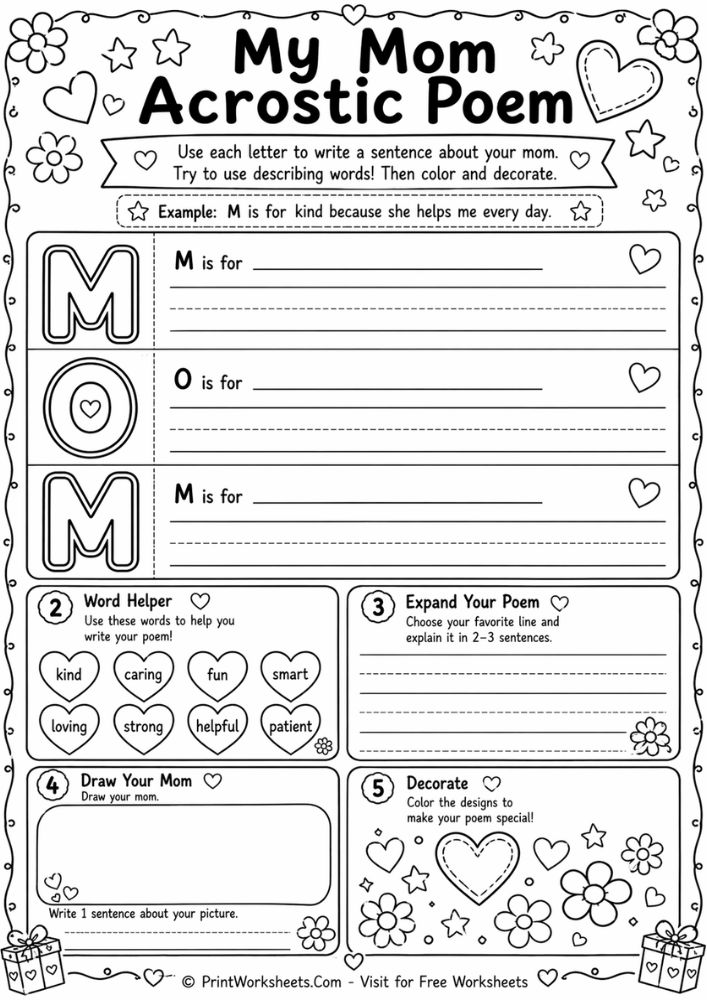 all about my mom worksheet acrostic poem mom letters writing activity printable for kids pdf