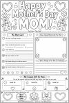 Mother’s Day worksheet for kids with writing prompts, drawing activity, and printable card template design