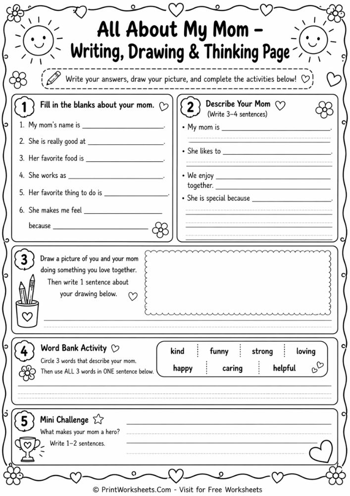 all about my mom worksheet writing drawing thinking page fill in the blanks describe your mom printable