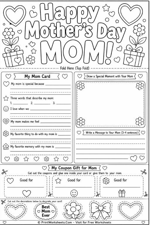 Mother’s Day printable worksheet for kids featuring writing prompts, drawing activity, and DIY card craft