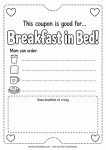 Mother's Day coupon 'Breakfast in Bed' printable worksheet for kids to color and fill out, printworksheets.com