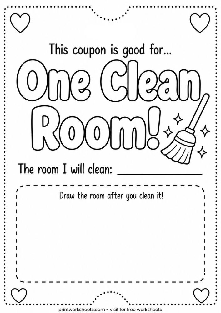 Mother's Day coupon 'One Clean Room' worksheet, kids chore promise printable from printworksheets.com
