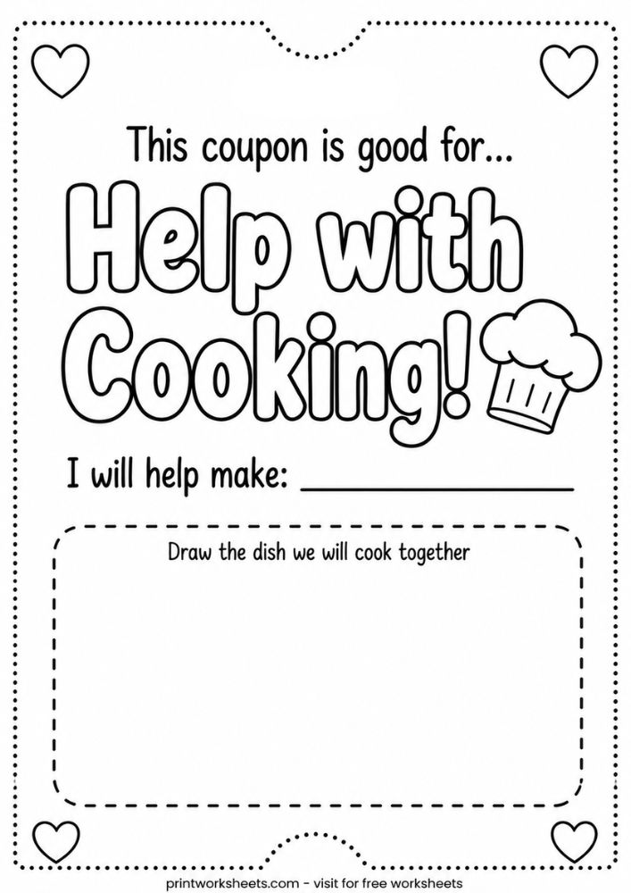 Printable Mother's Day coupon 'Help with Cooking' voucher worksheet for kids, free from printworksheets.com