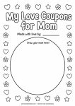 Mother's Day coupon book cover page with 'My Love Coupons for Mom' title and a circle frame for a child's drawing of their mother, printworksheets.com free printable