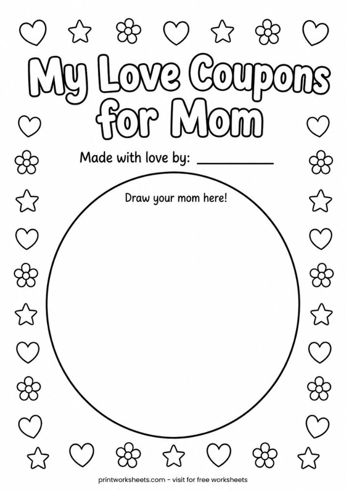 Mother's Day coupon book cover page with 'My Love Coupons for Mom' title and a circle frame for a child's drawing of their mother, printworksheets.com free printable