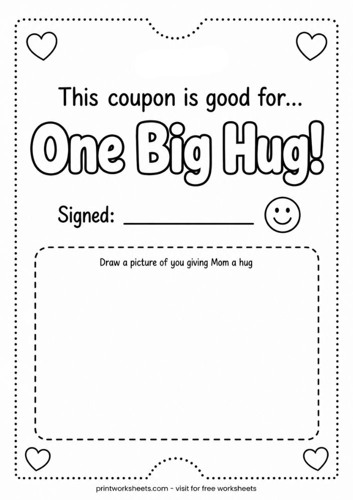 Printable Mother's Day coupon 'One Big Hug' with space for a child's drawing, free PDF worksheet from printworksheets.com