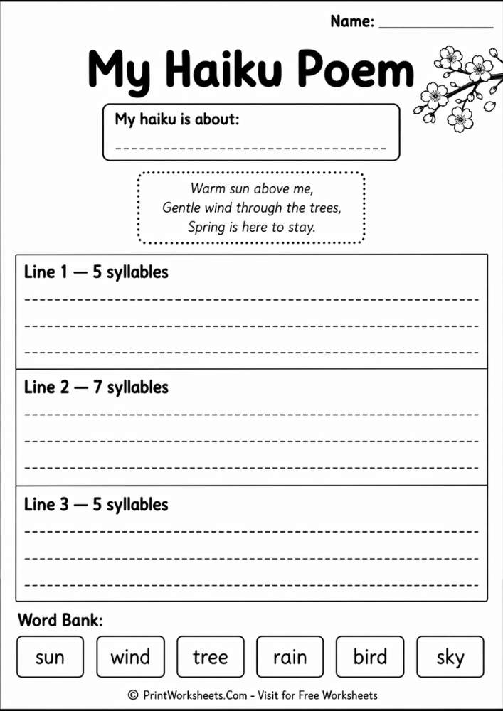Haiku poem worksheet grade 4 with syllable lines and word bank