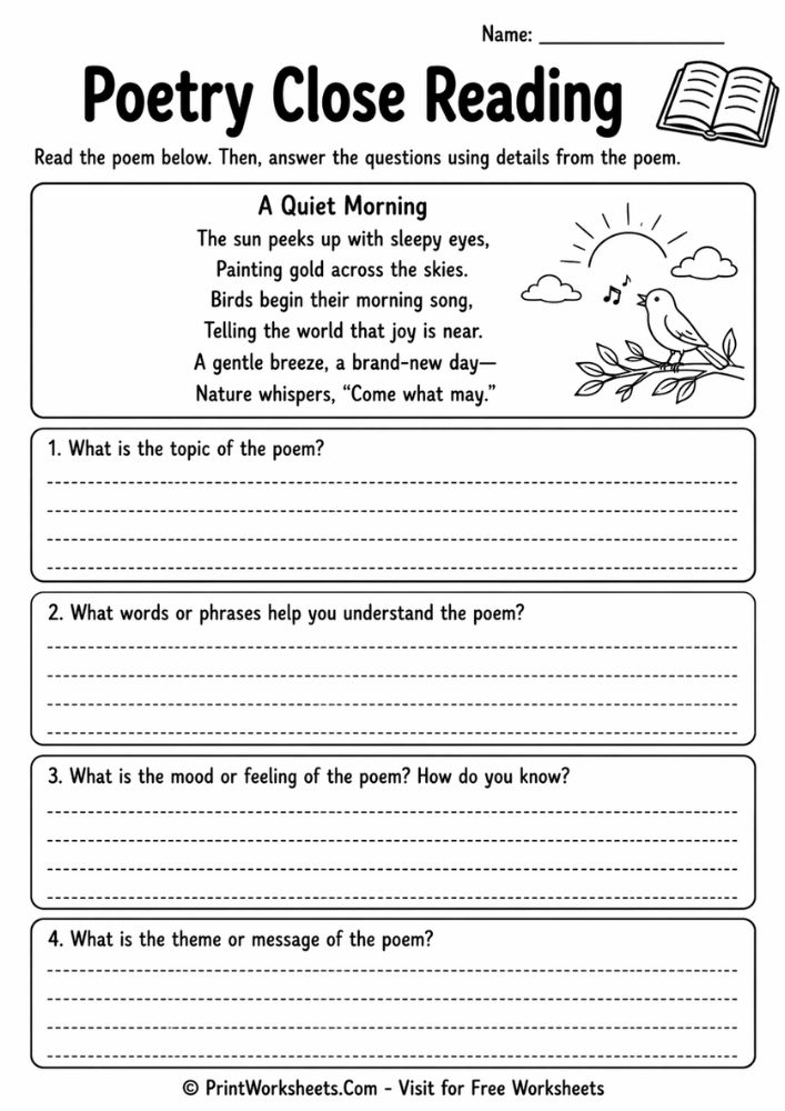 poetry close reading worksheet grade 4 free printable