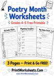 Poetry month worksheets grades 4-5 free printable 3 page PDF
