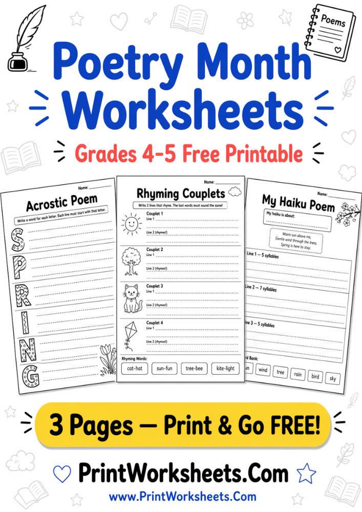 Creative Writing Worksheet - Poetry Worksheets 4th Grade – Haiku, Acrostic & Rhyming PDF | Free Printable