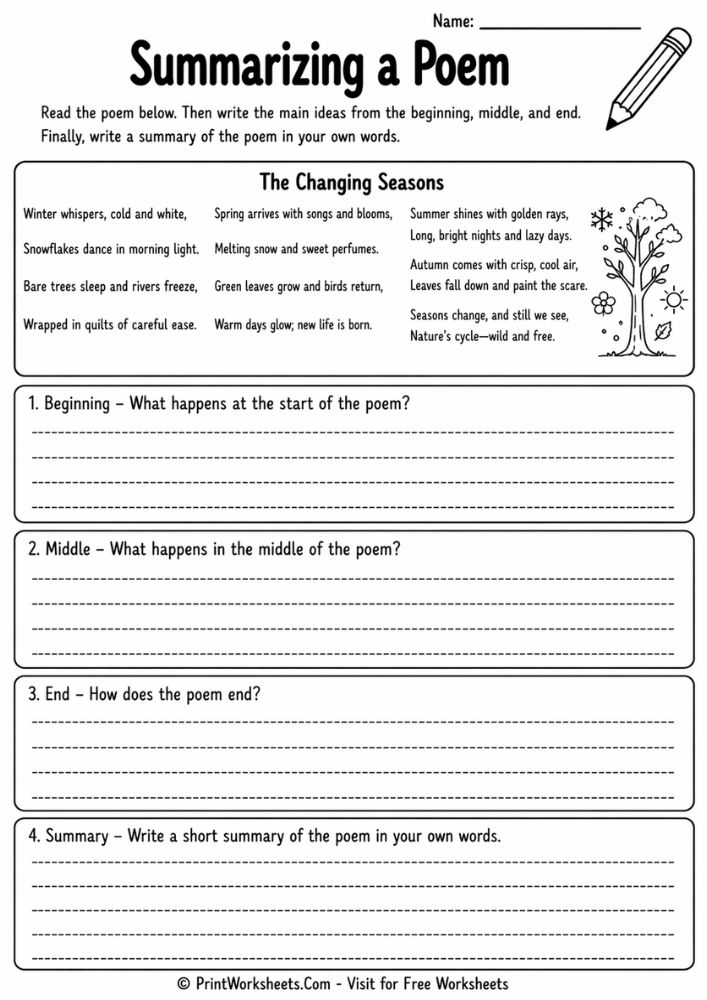 poetry summary worksheet grade 5 free printable