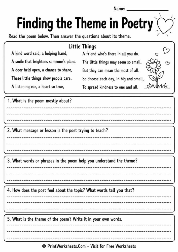 poetry theme worksheet grade 5 free printable