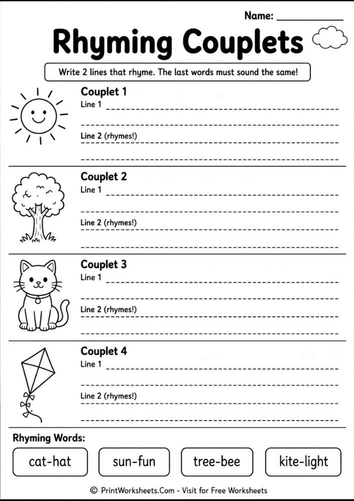 hyming couplets worksheet grade 4 with word bank free printable