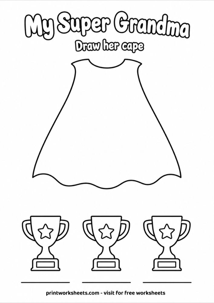 Superhero grandma coloring worksheet with cape drawing and trophy fill-in prompts.