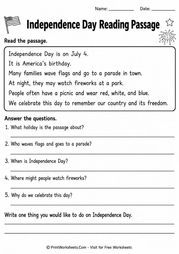 4th-of-july-independence-day-worksheets-for-1st-grade-page-1 4th of July Independence Day worksheets for 1st grade vocabulary definitions match layout