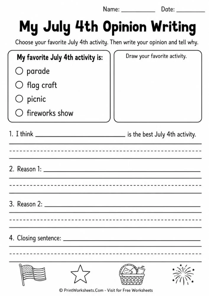 4th-of-july-independence-day-worksheets-for-1st-grade-page-5 4th of July Independence Day worksheets for 1st grade reading comprehension passage layout