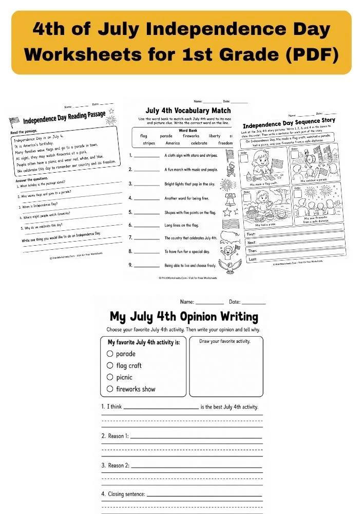 Holiday Worksheets Worksheet - Free 4th of July Independence Day Worksheets for 1st Grade (PDF) | Free Printable