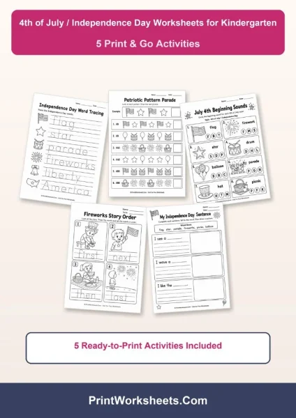 Free 4th of July Independence Day Worksheets for Kindergarten (PDF)