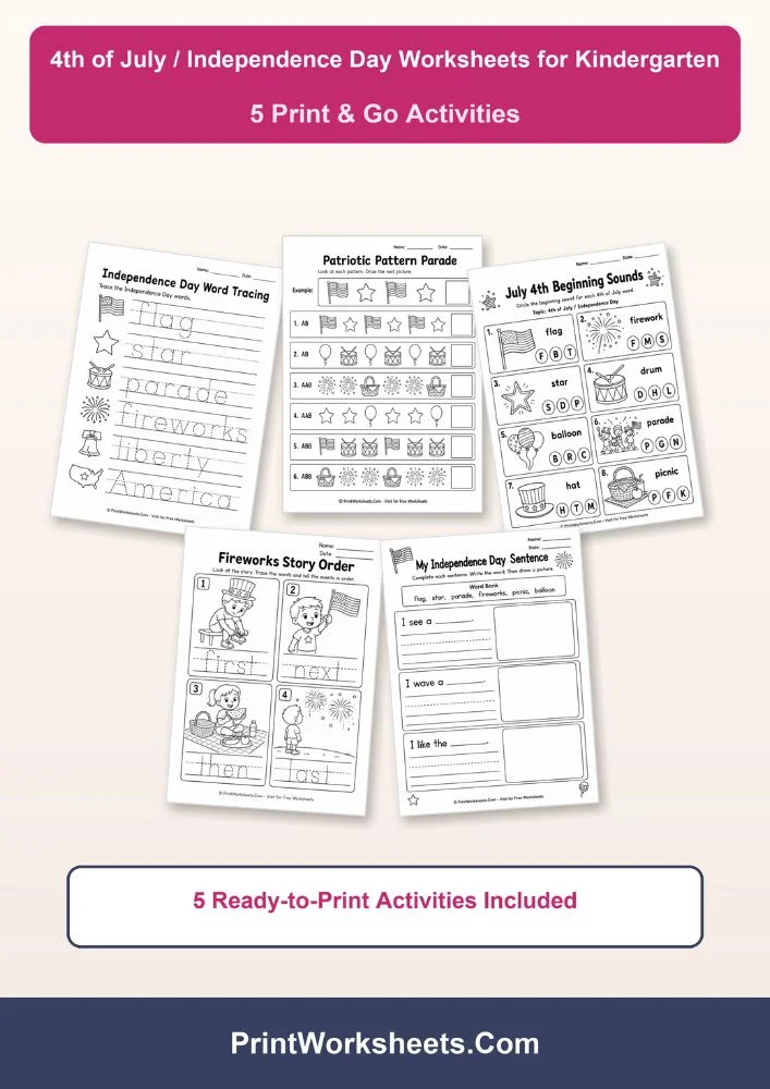 Holiday Worksheets Worksheet - Free 4th of July Independence Day Worksheets for Kindergarten (PDF) | Free Printable