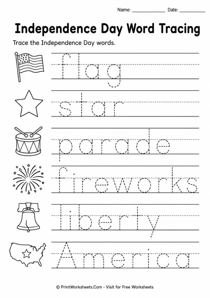 4th-of-july-independence-day-worksheets-for-kindergarten-page-1 4th of July Independence Day worksheets for kindergarten holiday word tracing vocabulary layout