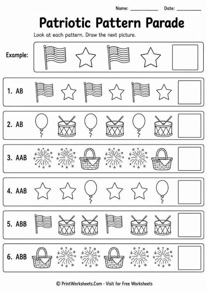 4th-of-july-independence-day-worksheets-for-kindergarten-page-2 4th of July Independence Day worksheets for kindergarten patriotic pattern parade math logic page