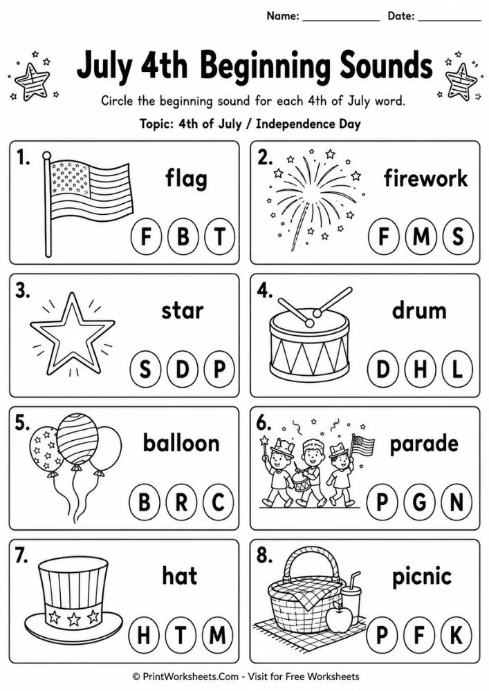 4th-of-july-independence-day-worksheets-for-kindergarten-page-3 4th of July Independence Day worksheets for kindergarten phonetic beginning sounds phonics chart