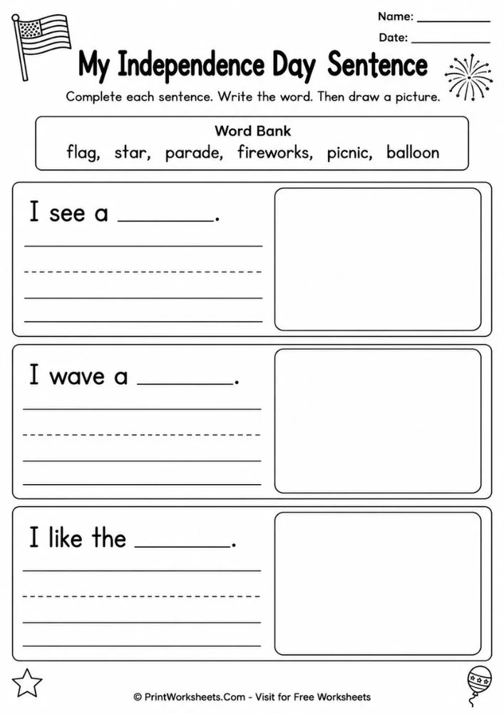 4th-of-july-independence-day-worksheets-for-kindergarten-page-5 4th of July Independence Day worksheets for kindergarten sentence completion word bank framework