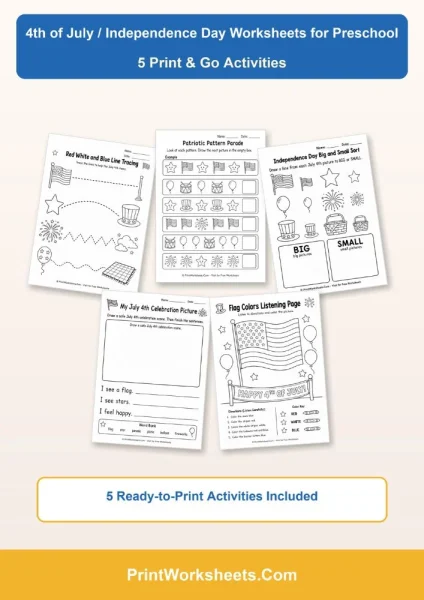 Free 4th of July Independence Day Worksheets for Preschool (PDF)