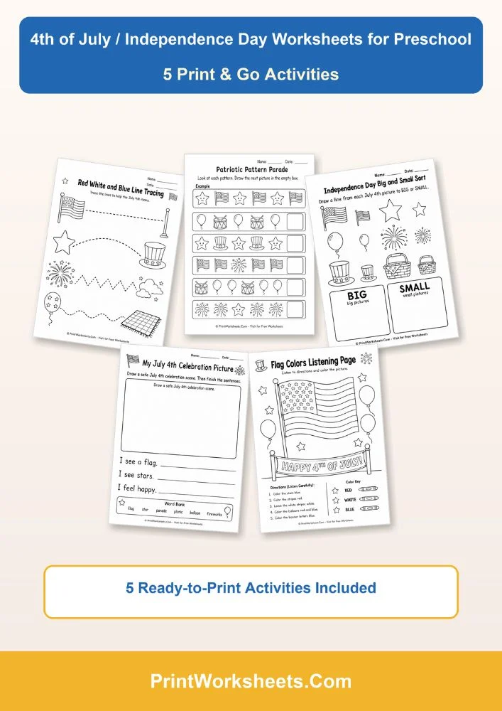 Holiday Worksheets Worksheet - Free 4th of July Independence Day Worksheets for Preschool (PDF) | Free Printable