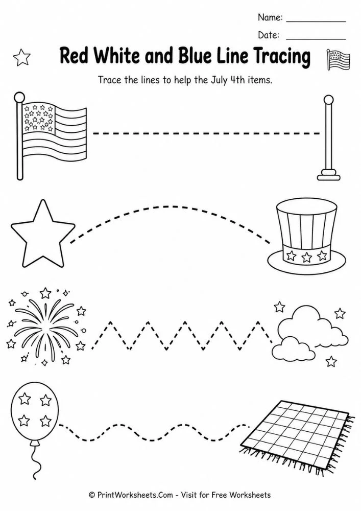 4th of July Independence Day worksheets for preschool sensory line tracing handwriting sheet
