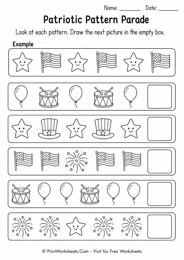 4th of July Independence Day worksheets for preschool math logic pattern matching page