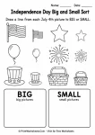4th of July Independence Day worksheets for preschool size sorting fine motor control sheet