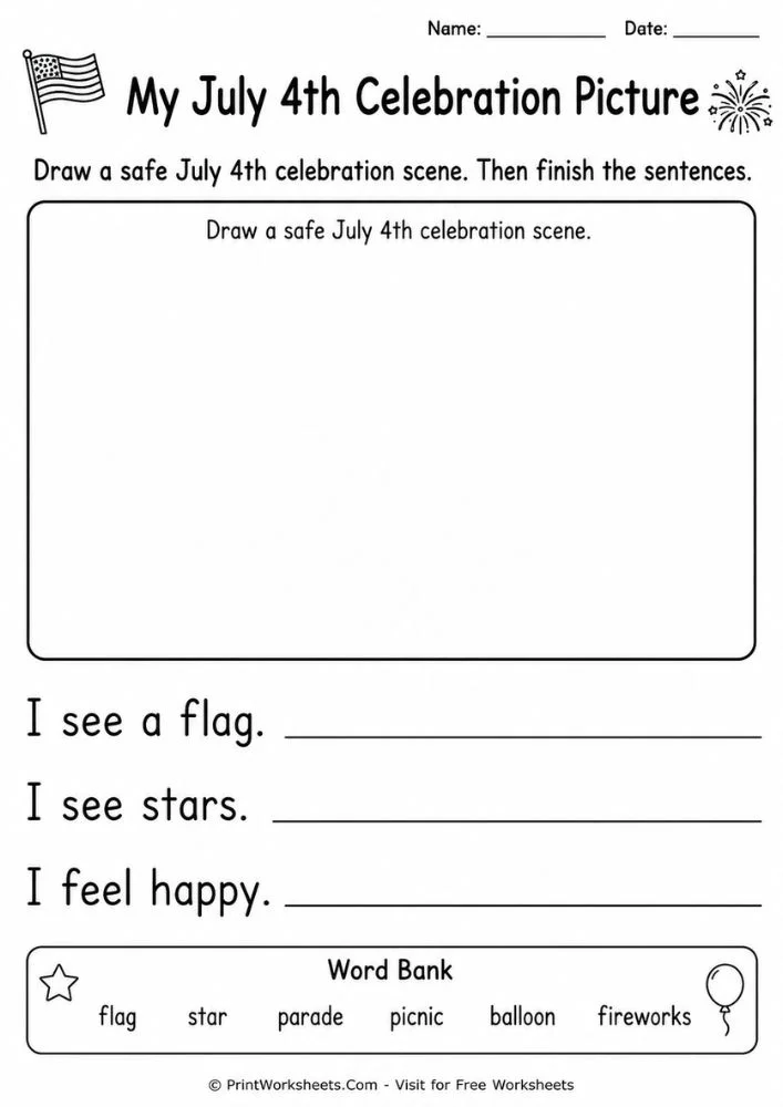 4th of July Independence Day worksheets for preschool draw and write sentence completion layout