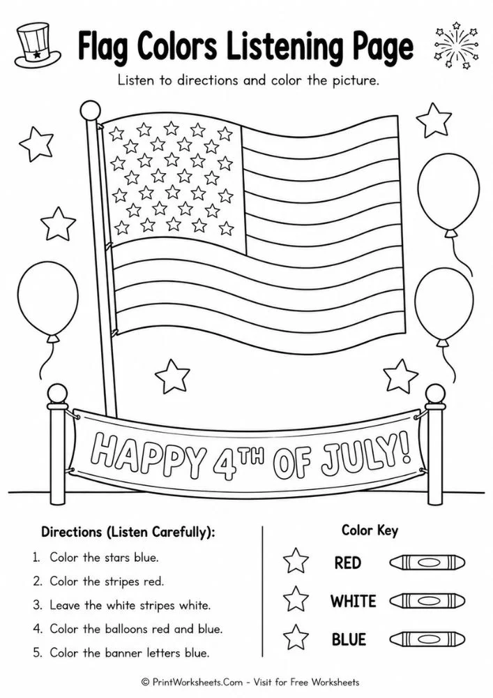 4th of July Independence Day worksheets for preschool flag color key listening activity