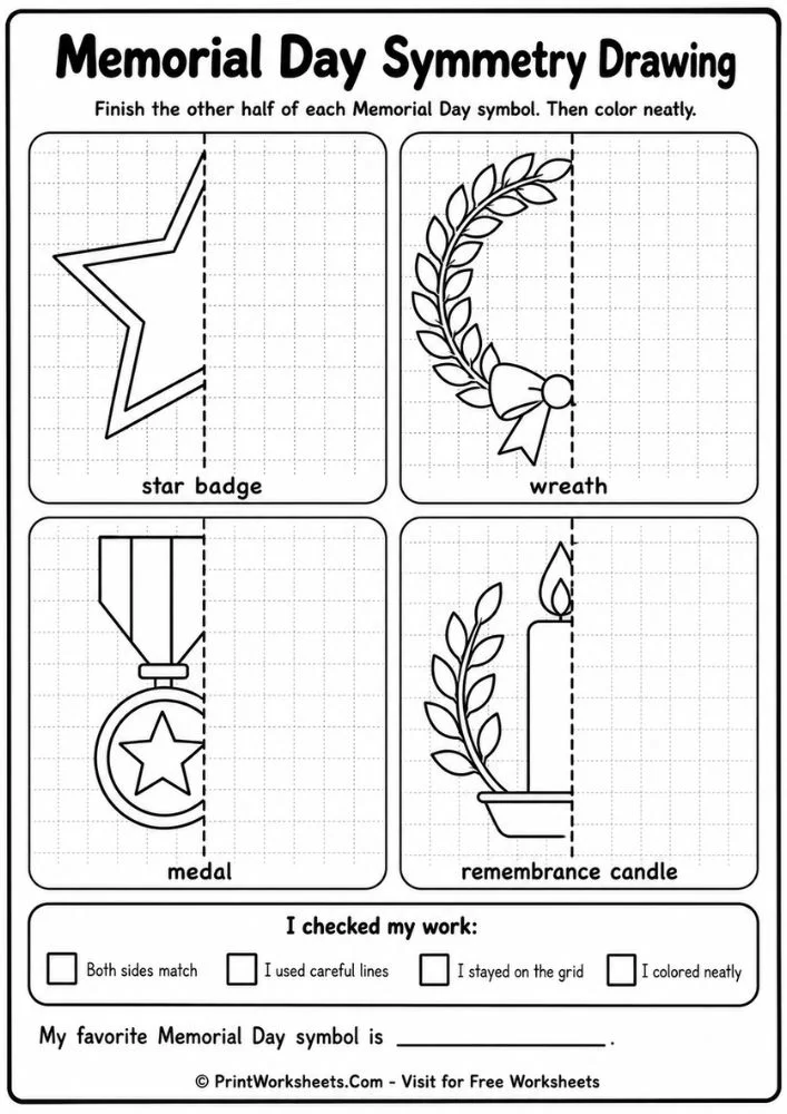 Memorial day printable worksheets for symmetry drawing
