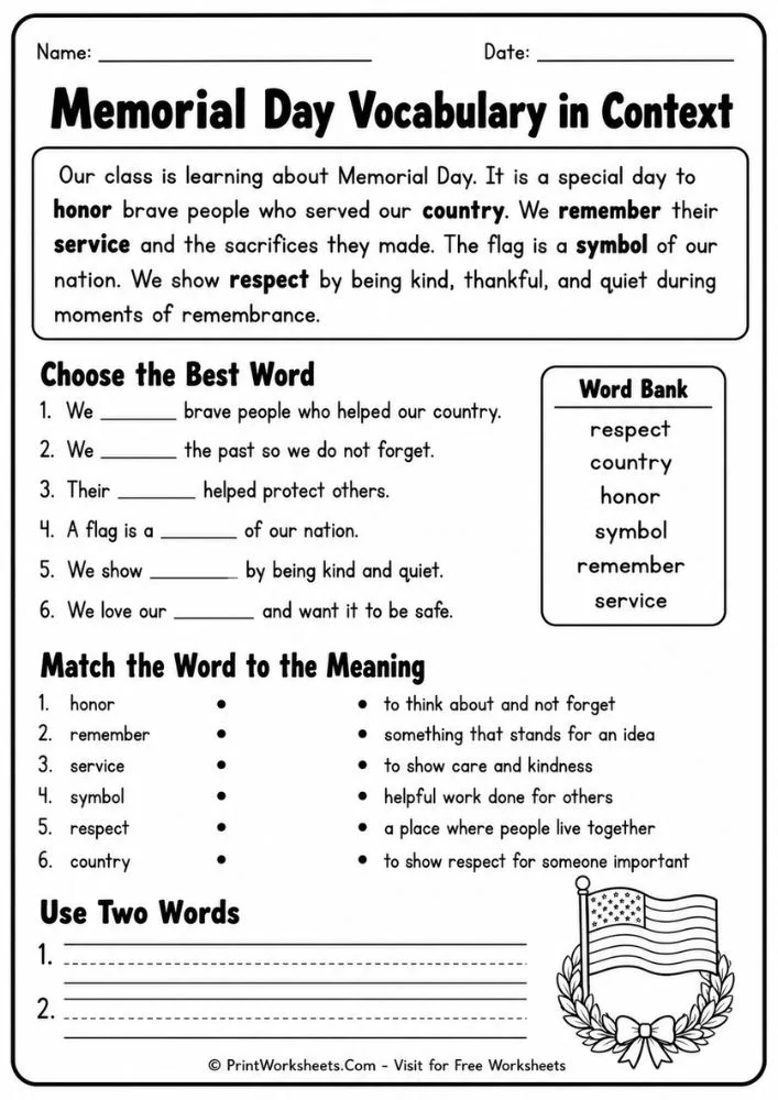 Memorial day comprehension worksheets focusing on vocabulary in context