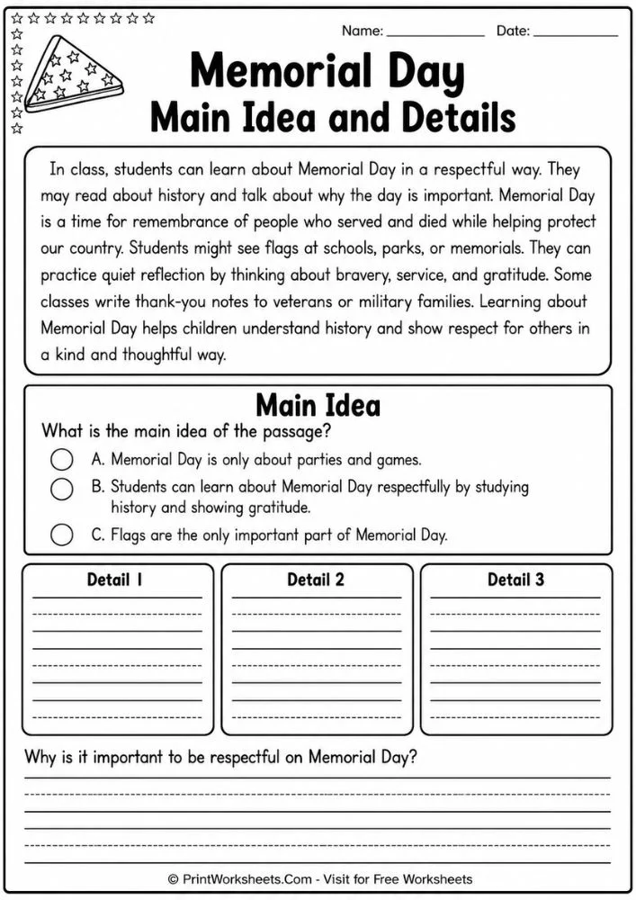 Memorial day worksheets for elementary students teaching main idea and details